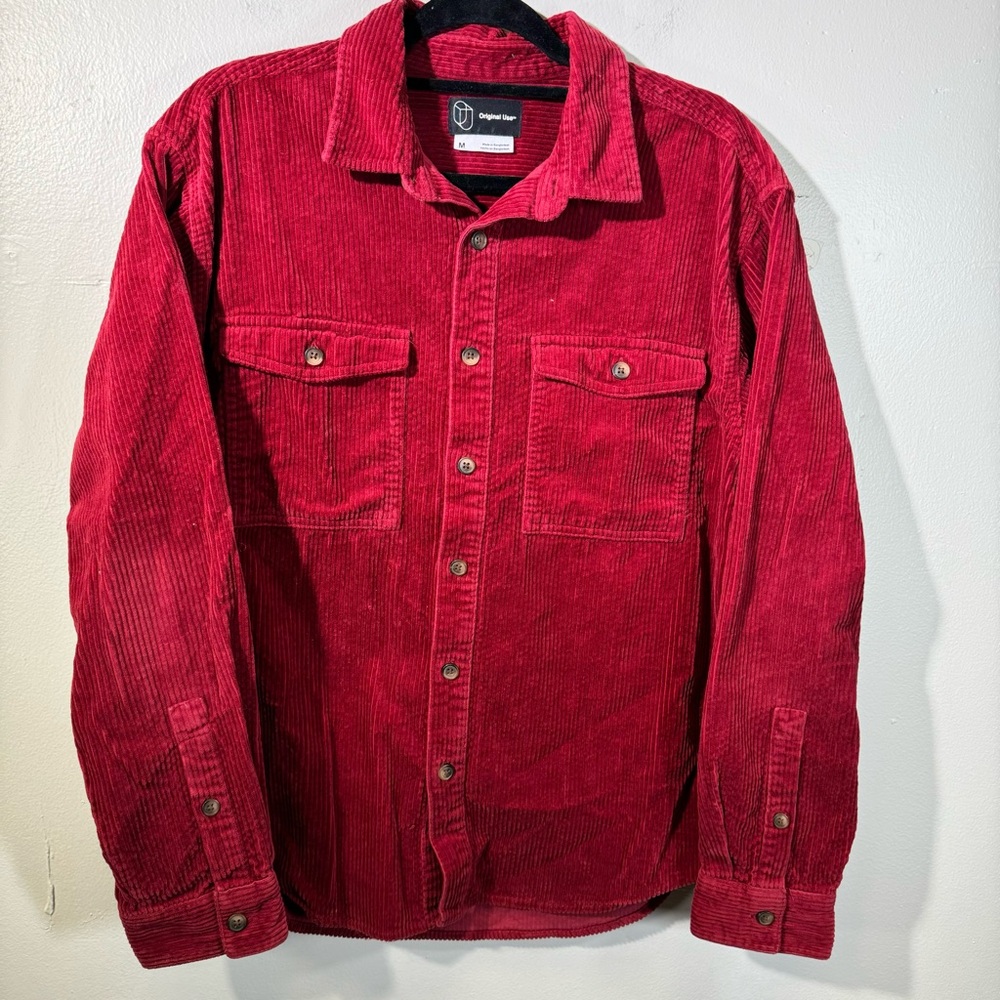Men's corduroy jacket shirt red medium 100% cotton thick button down pockets